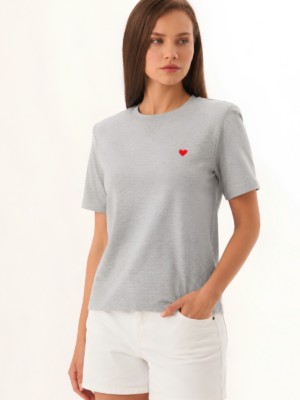 Anais Vatkalı Gri Melanj Kalp Detaylı Tshirt