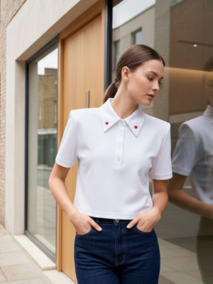 Marie Beyaz Polo Yaka Kalp Detaylı Tshirt