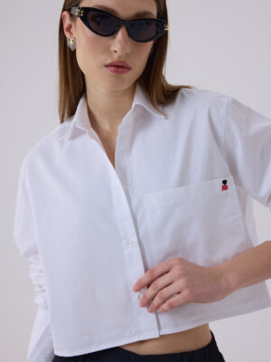 Amelie Oversize Crop Kişiselleştirilmiş Beyaz Cepli Gömlek
