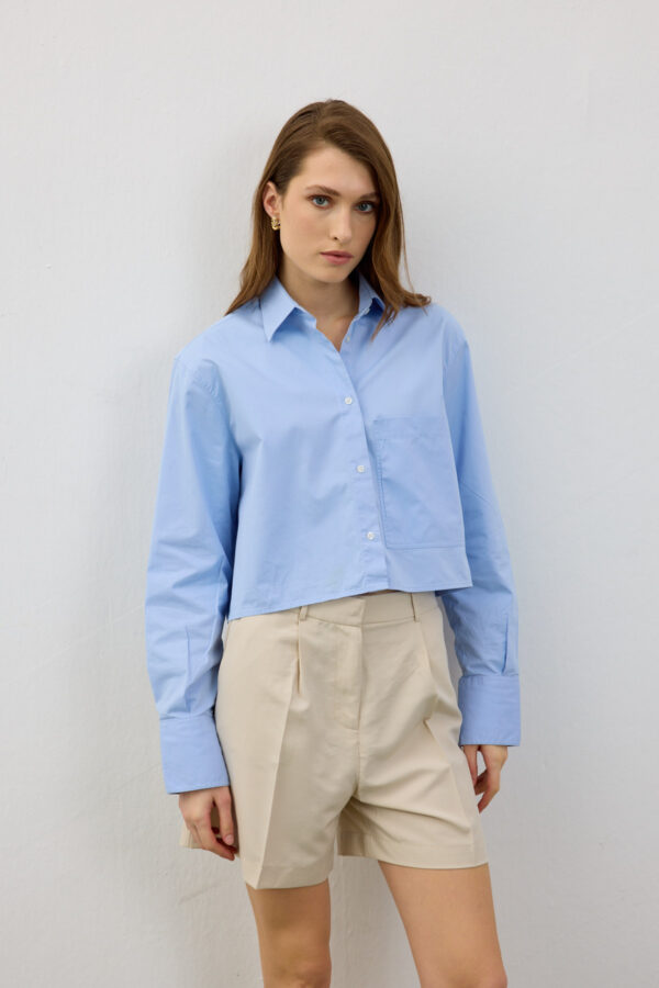 Amelie Oversize Crop Mavi Cepli Gömlek