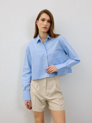 Amelie Oversize Crop Mavi Cepli Gömlek