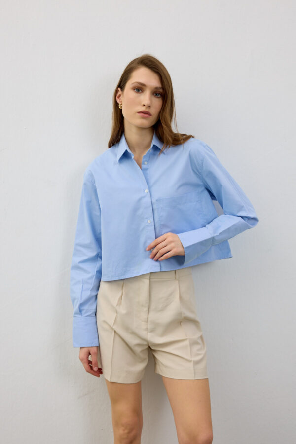 Amelie Oversize Crop Mavi Cepli Gömlek