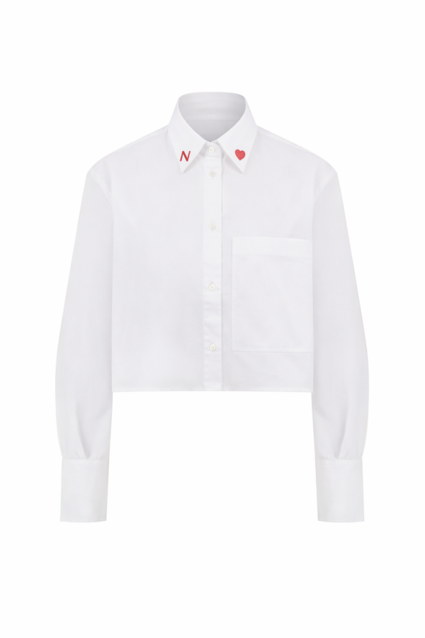 Amelie Oversize Crop Kişiselleştirilmiş Beyaz Cepli Gömlek